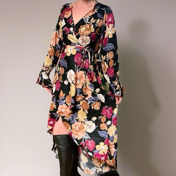 Band Of The Free Floral Hi-Lo Wrap Maxi Dress Black Berry NEW Cottagecore Large - Picture 1 of 9